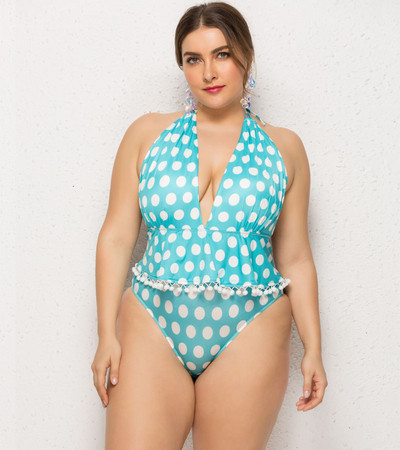 Nagy méretű teljes fürdőruha V-nyakú pöttyökkel, hat színben