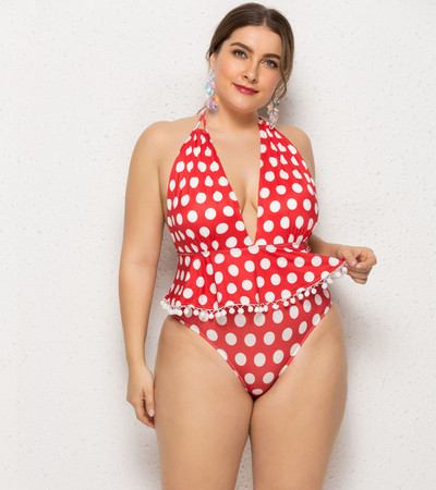 Nagy méretű teljes fürdőruha V-nyakú pöttyökkel, hat színben