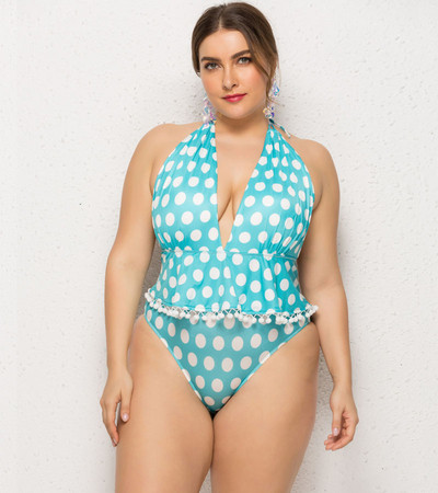 Nagy méretű teljes fürdőruha V-nyakú pöttyökkel, hat színben