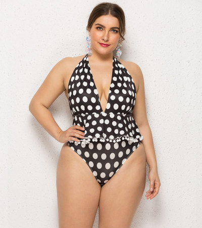 Nagy méretű teljes fürdőruha V-nyakú pöttyökkel, hat színben