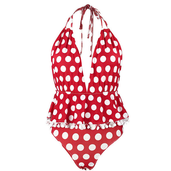 Nagy méretű teljes fürdőruha V-nyakú pöttyökkel, hat színben