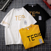 Férfi póló felirattal és zsebbel fekete, fehér és sárga színben