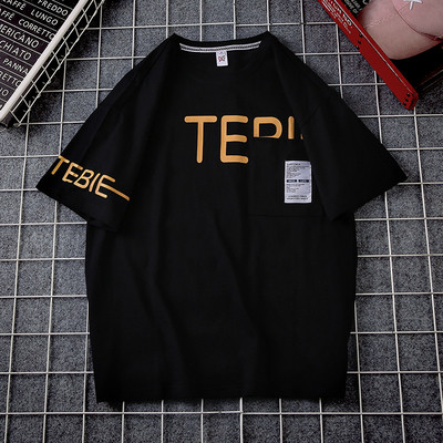 Férfi póló felirattal és zsebbel fekete, fehér és sárga színben