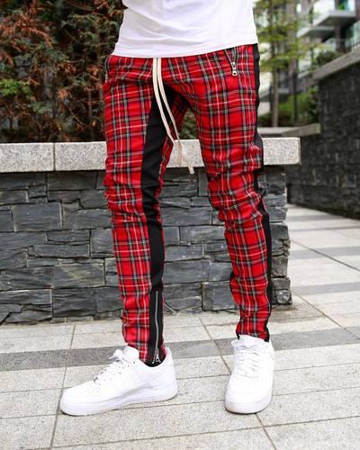 Нов модел мъжки кариран панталон с ципове в червен цвят