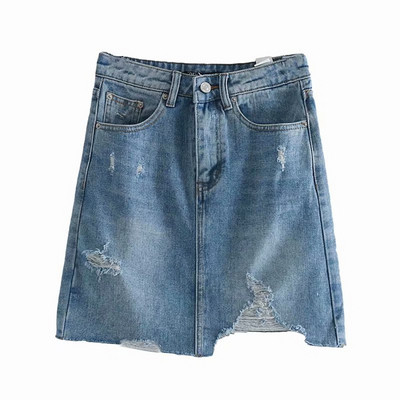 Fusta de dama moderna din denim cu talie inalta si motive rupte