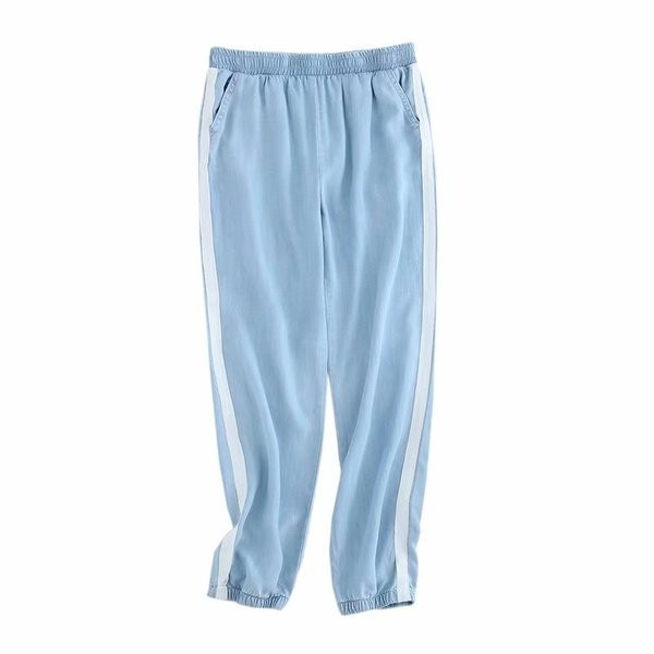 Pantaloni sport de damă cu elastic în talie și gleznă și margine laterală în albastru