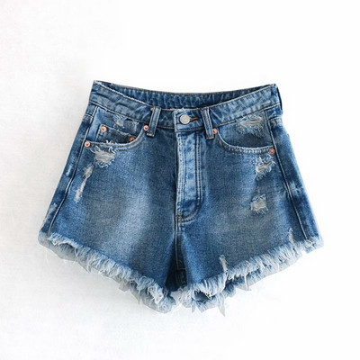 Дамски къси дънкови панталони с висока талия в син цвят