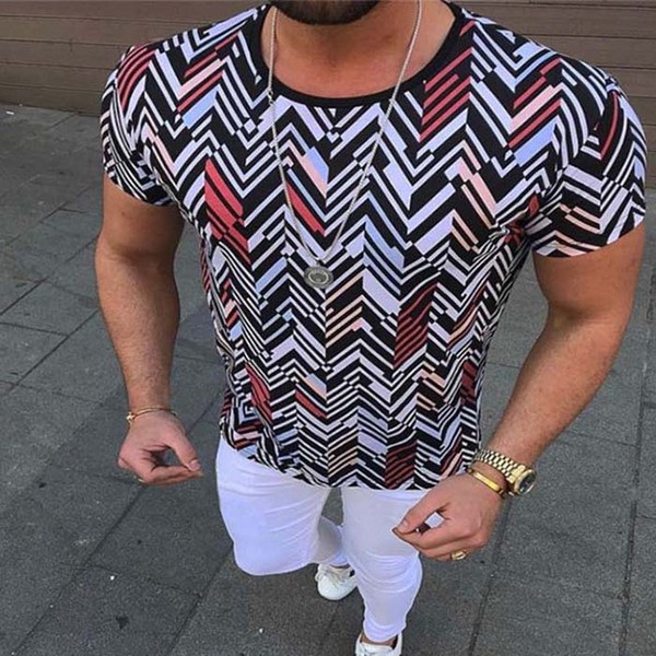 Tricou modern pentru bărbați cu imprimeu color și decolteu O