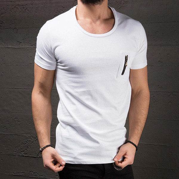 Tricou casual barbatesc alb cu fermoar