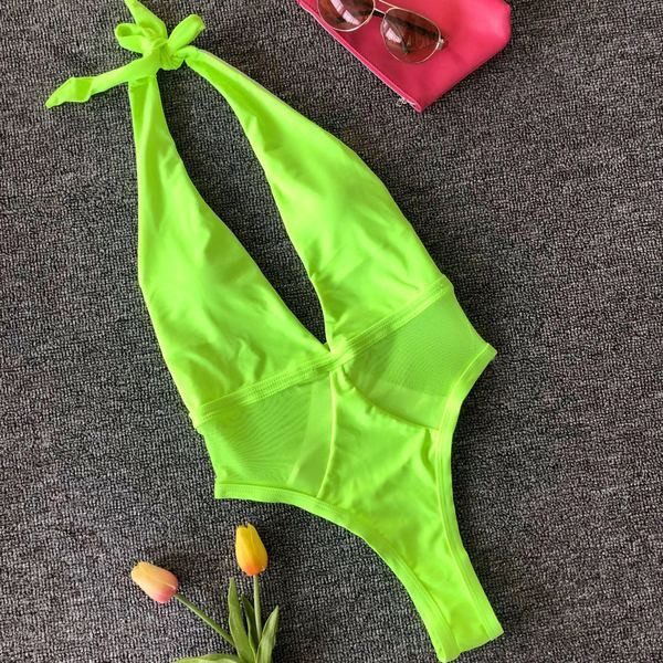 Costum de baie complet nou model cu decolteu adânc în alb și galben