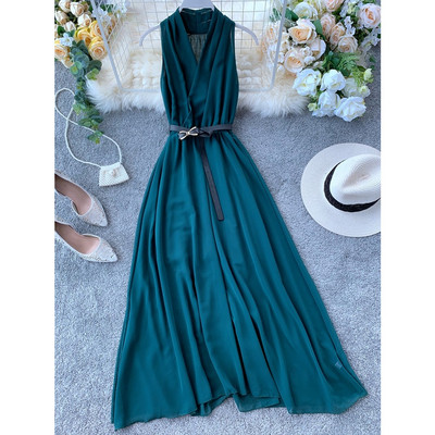 Rochie lunga de dama eleganta cu curea in mai multe culori