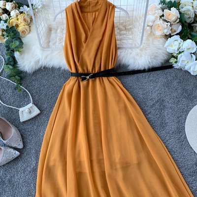 Rochie lunga de dama eleganta cu curea in mai multe culori