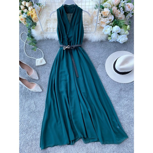 Rochie lunga de dama eleganta cu curea in mai multe culori