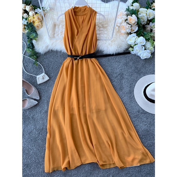 Rochie lunga de dama eleganta cu curea in mai multe culori