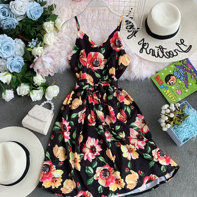 Rochie moderna de dama cu model floral si bretele subtiri in mai multe culori