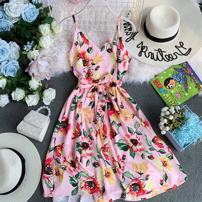 Rochie moderna de dama cu model floral si bretele subtiri in mai multe culori