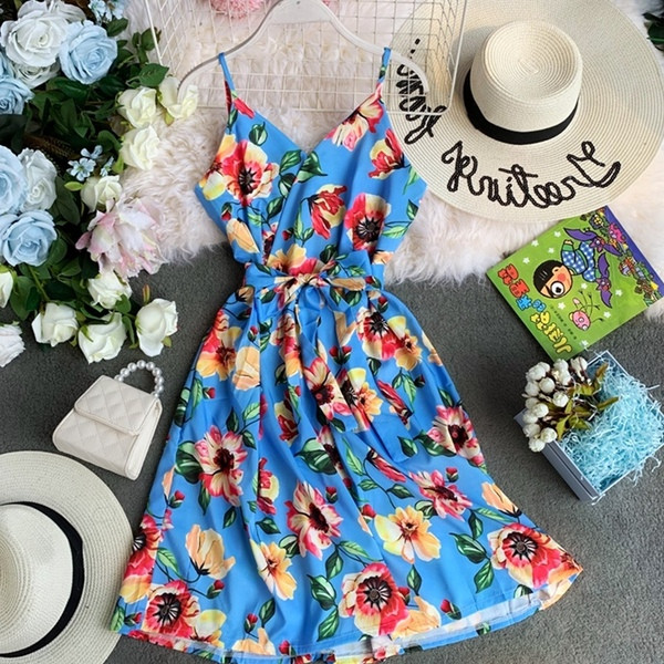 Rochie moderna de dama cu model floral si bretele subtiri in mai multe culori