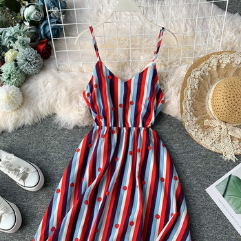 Rochie de dama in dungi cu decolteu in V cu bretele subtiri