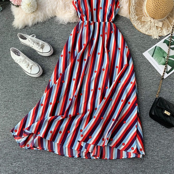 Rochie de dama in dungi cu decolteu in V cu bretele subtiri