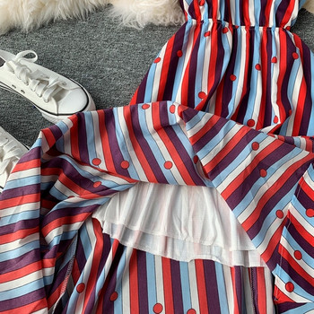 Rochie de dama in dungi cu decolteu in V cu bretele subtiri