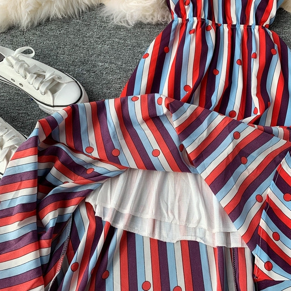 Rochie de dama in dungi cu decolteu in V cu bretele subtiri