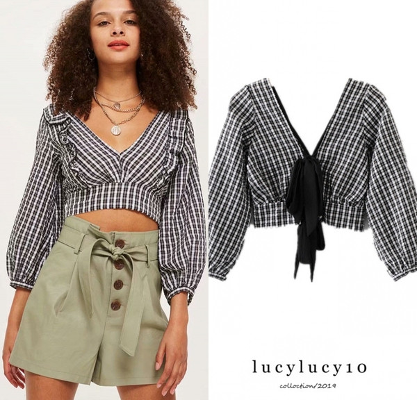 Bluză scurtă de damă în carouri cu decolteu în V și mâneci lungi