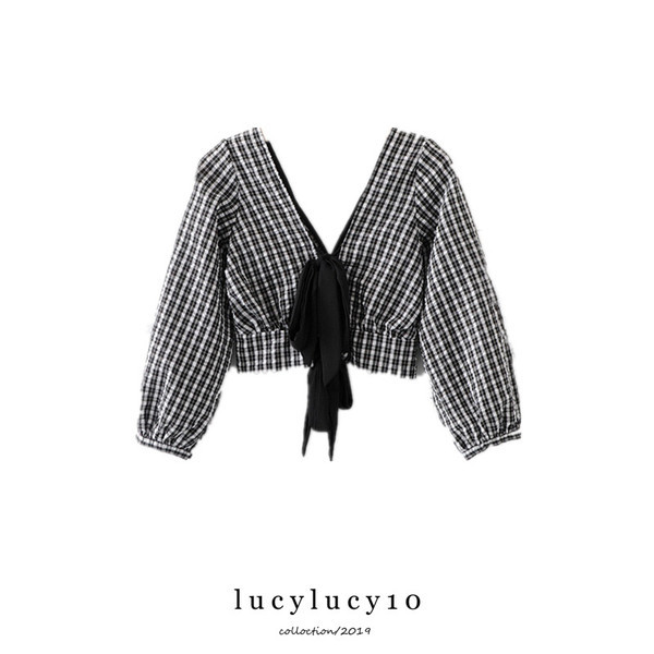 Bluză scurtă de damă în carouri cu decolteu în V și mâneci lungi