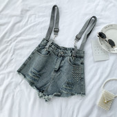 Pantaloni scurți de damă din denim cu bretele în alb și albastru