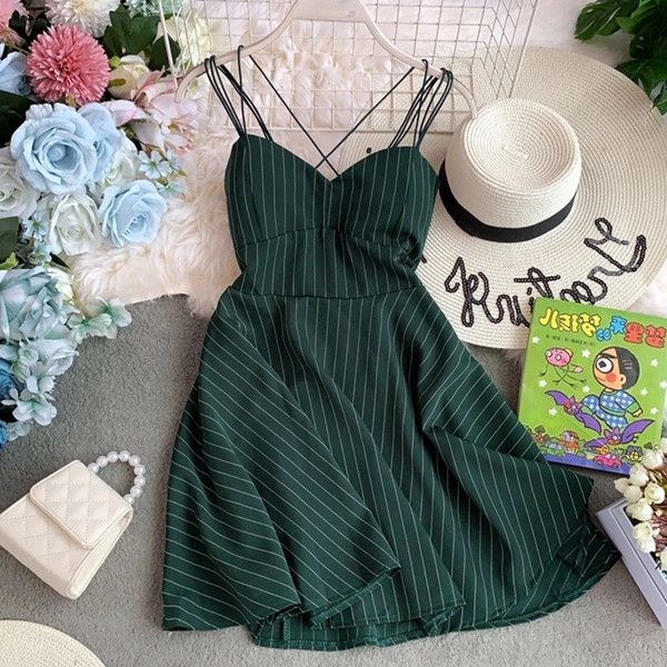 Rochie de dama in dungi cu bretele subtiri in mai multe culori