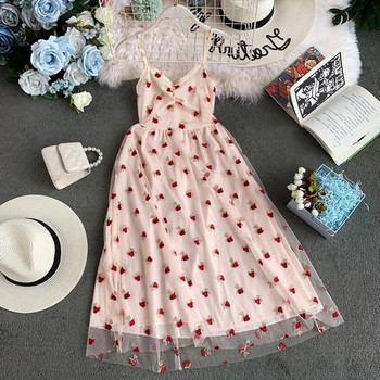 Rochie elegantă de damă, cu tul și bretele subțiri, în culoarea roz