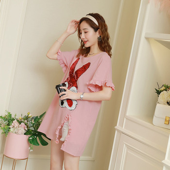 Modern női ruha rövid ujjú, rátéttel, rózsaszín flitterekkel