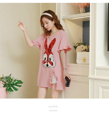 Modern női ruha rövid ujjú, rátéttel, rózsaszín flitterekkel