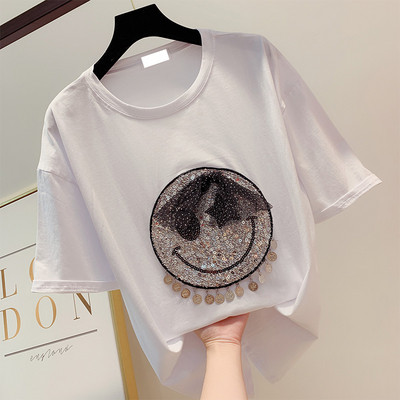 Rövid ujjú, flitteres díszítésű női póló