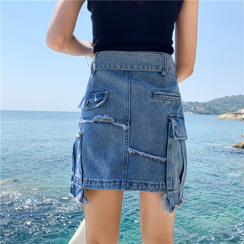 Női farmerszoknya magas derékkal, zsebekkel, három színben