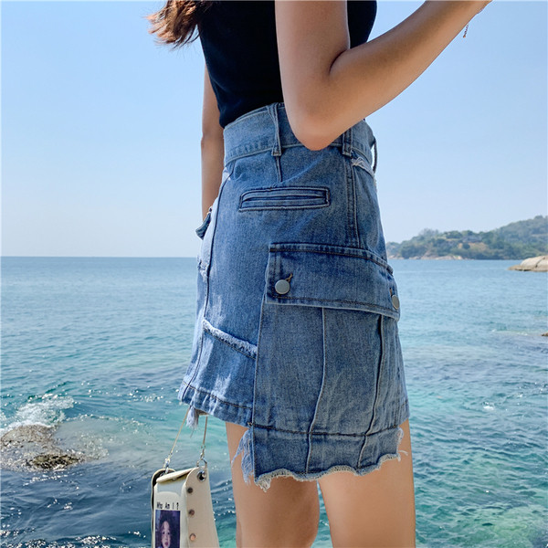 Női farmerszoknya magas derékkal, zsebekkel, három színben