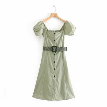 Rochie casual de dama cu umerii goi cu nasturi pe toata lungimea si curea