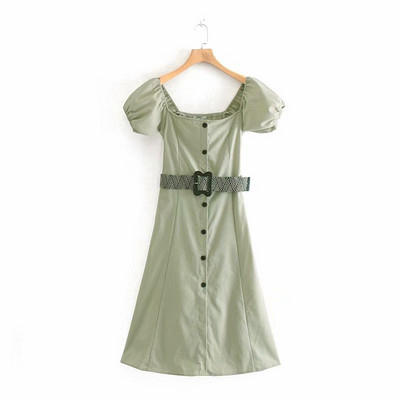 Rochie casual de dama cu umerii goi cu nasturi pe toata lungimea si curea