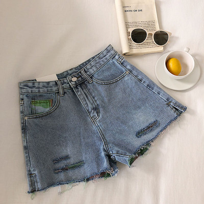 Pantaloni scurți casual din denim cu motive de camuflaj în albastru