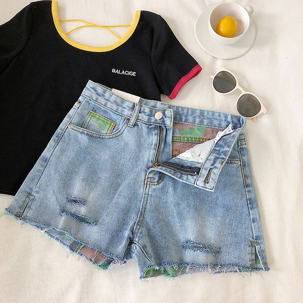 Pantaloni scurți casual din denim cu motive de camuflaj în albastru