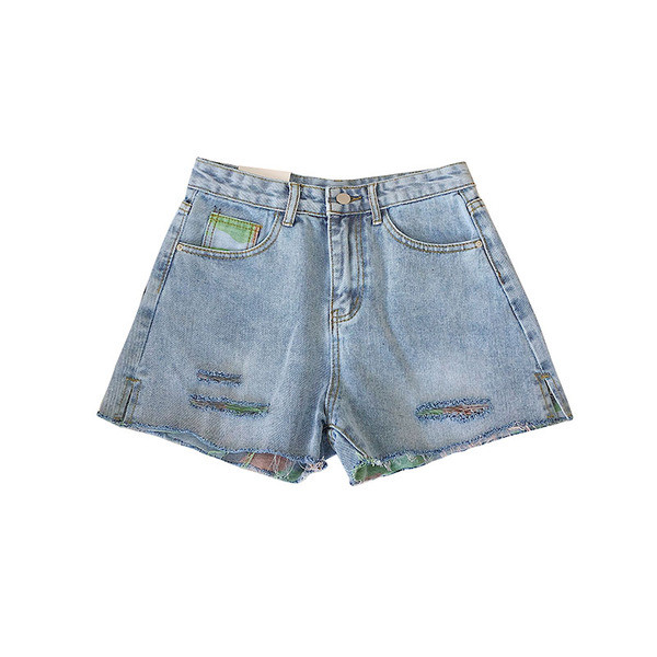 Pantaloni scurți casual din denim cu motive de camuflaj în albastru