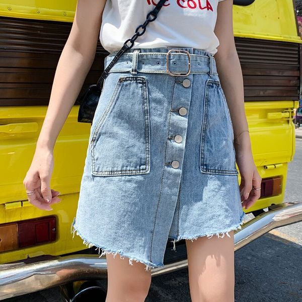 Fusta dama casual din denim model asimetric in albastru