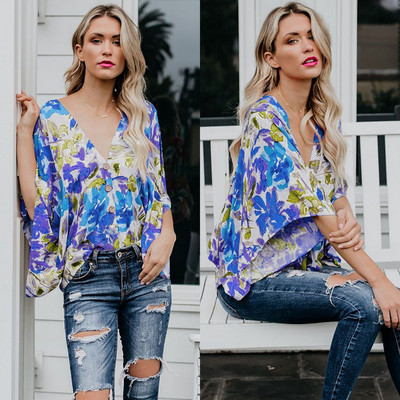 Cămașă modernă de damă cu decolteu în V și motive florale în mai multe culori