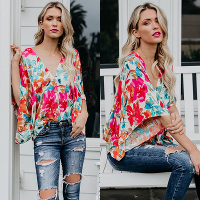 Cămașă modernă de damă cu decolteu în V și motive florale în mai multe culori