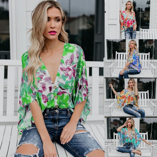 Cămașă modernă de damă cu decolteu în V și motive florale în mai multe culori