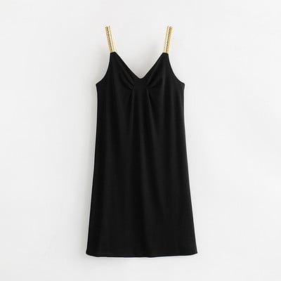 Fekete női ruha V-nyakkal és vékony színes pántokkal