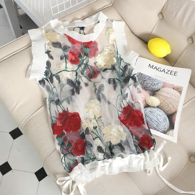 Maieu de damă modern model nou cu broderie florală și cravate în alb-negru