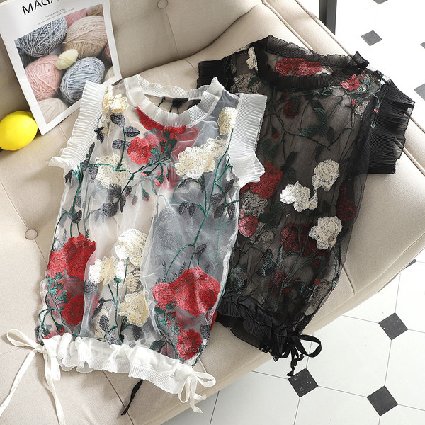 Maieu de damă modern model nou cu broderie florală și cravate în alb-negru