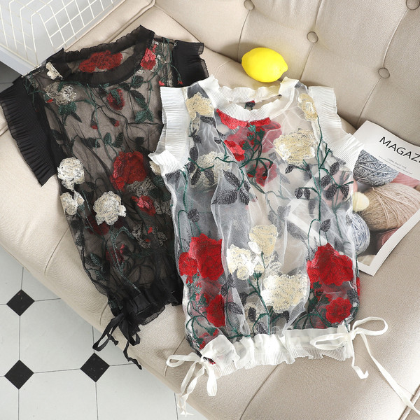 Maieu de damă modern model nou cu broderie florală și cravate în alb-negru