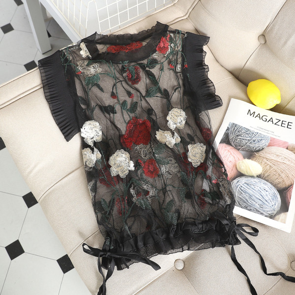 Maieu de damă modern model nou cu broderie florală și cravate în alb-negru