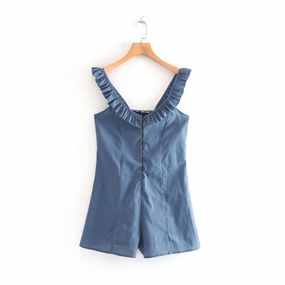 Γυναικεία ολόσωμη φόρμα με λουράκια ώμου και κουμπιά σε μπλε χρώμα